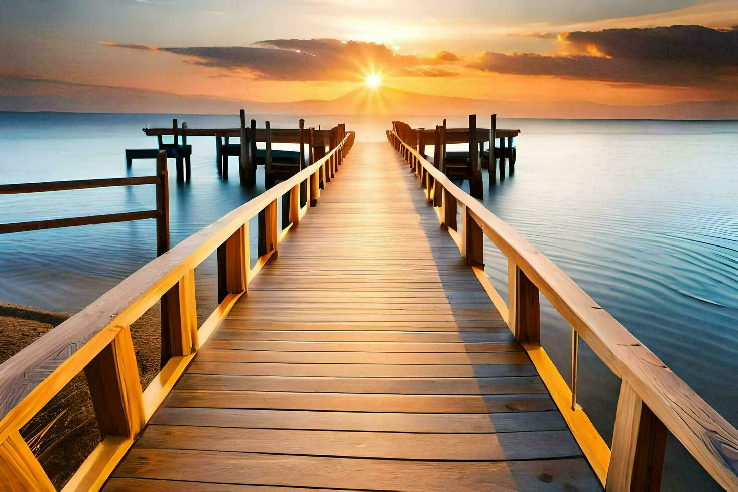 a wooden pier leads to the ocean at sunset. AI-Generated photo