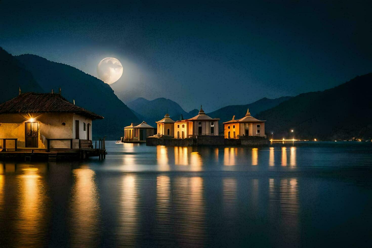 a moonlit lake with houses on it at night. AI-Generated photo
