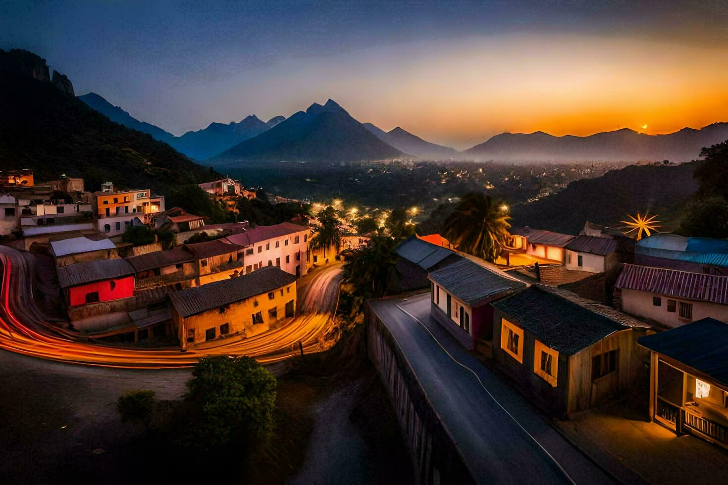 un pueblo a puesta de sol con montañas en el antecedentes. generado por ai foto