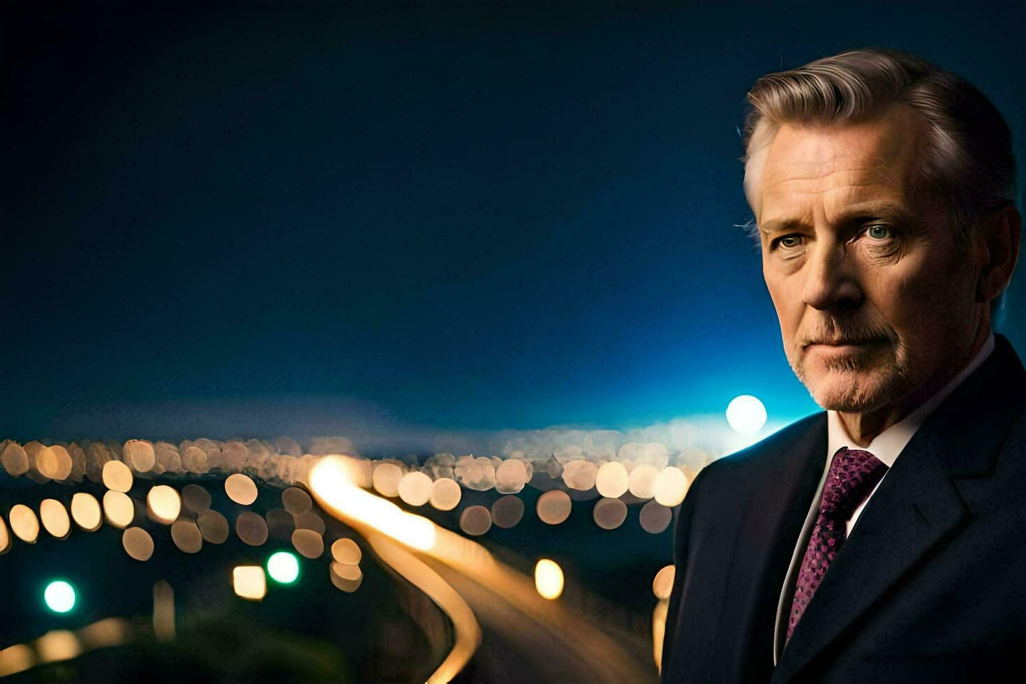 a man in a suit and tie standing in front of a city at night. AI-Generated photo