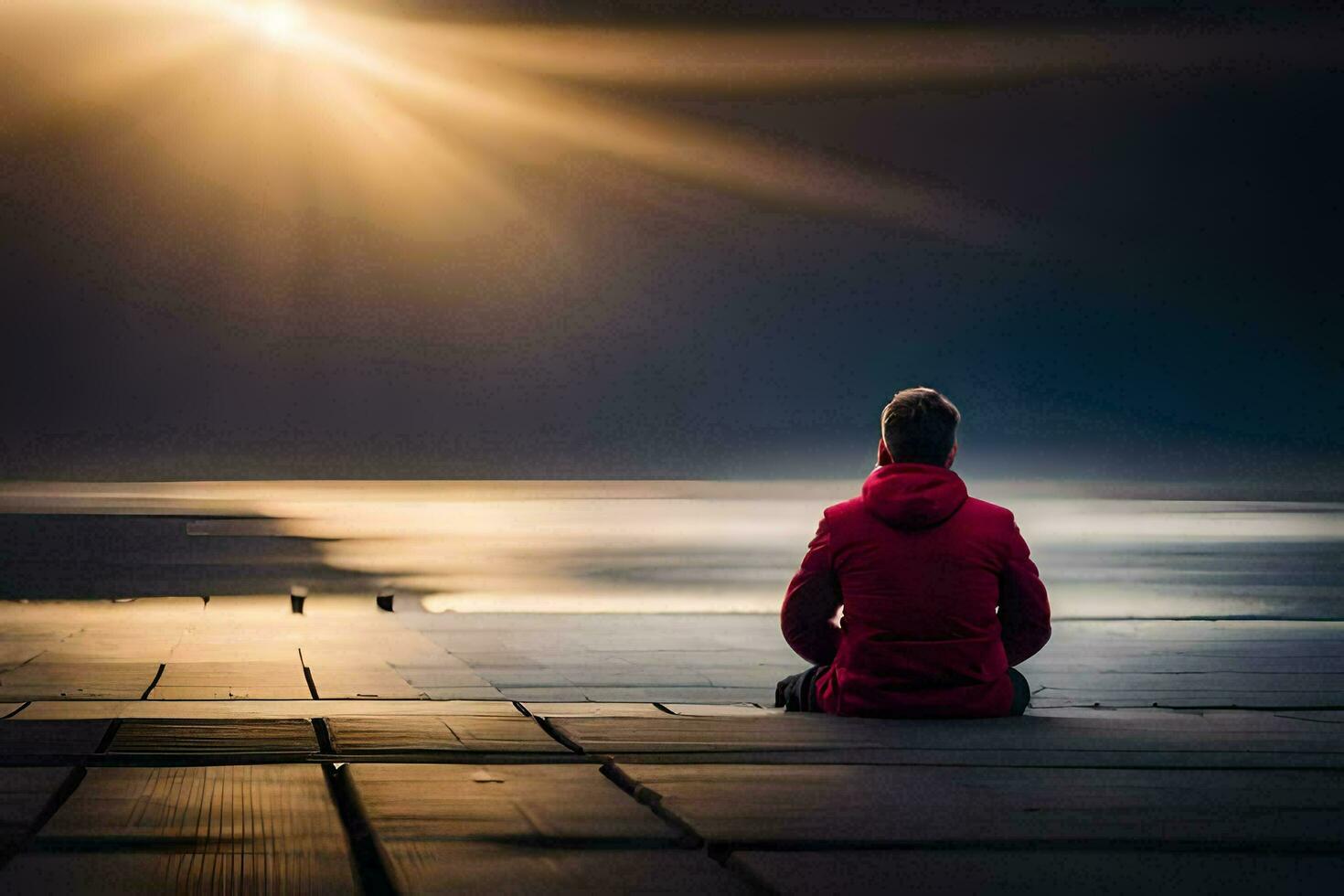 a man sitting on the ground looking at the sun. AI-Generated photo