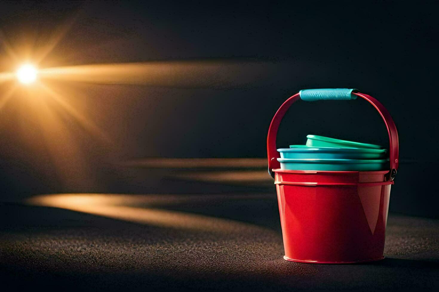 a red bucket with two blue lids sitting on a black surface. AI-Generated photo