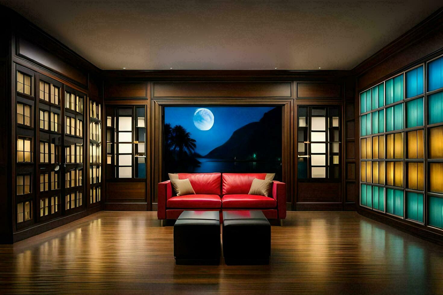 a living room with a red couch and bookshelves. AI-Generated photo