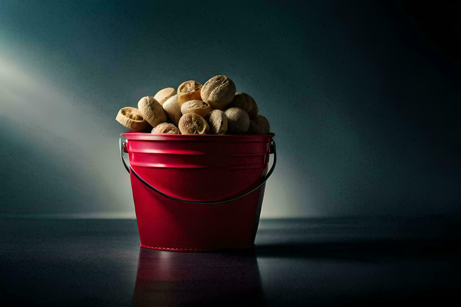 un rojo Cubeta lleno con nueces en un oscuro mesa. generado por ai foto