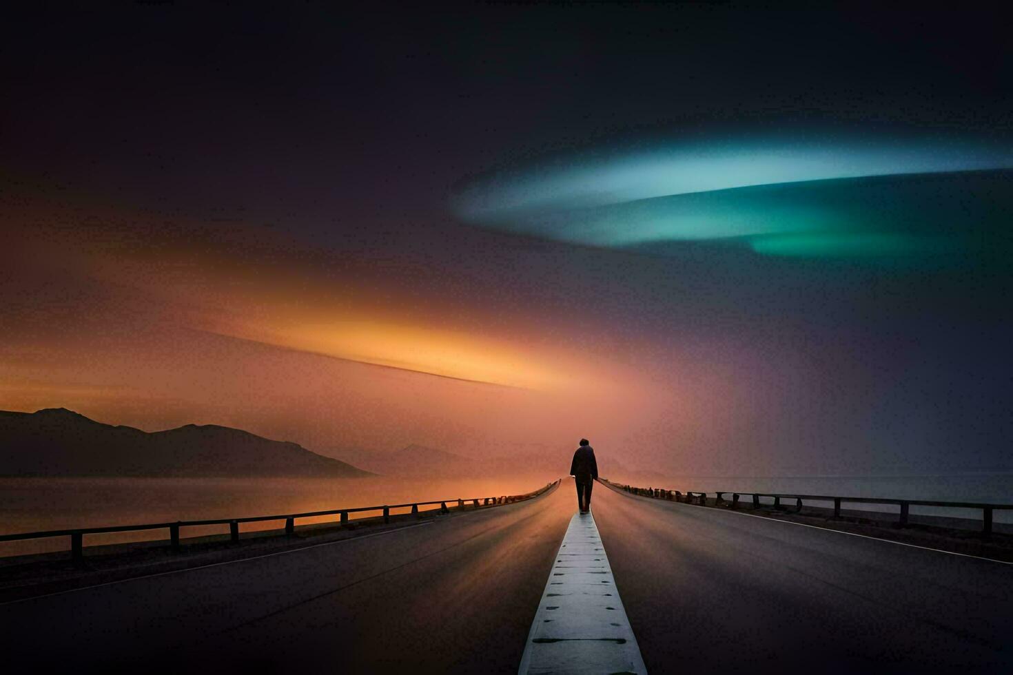 a man standing on the road looking at the sky. AI-Generated photo