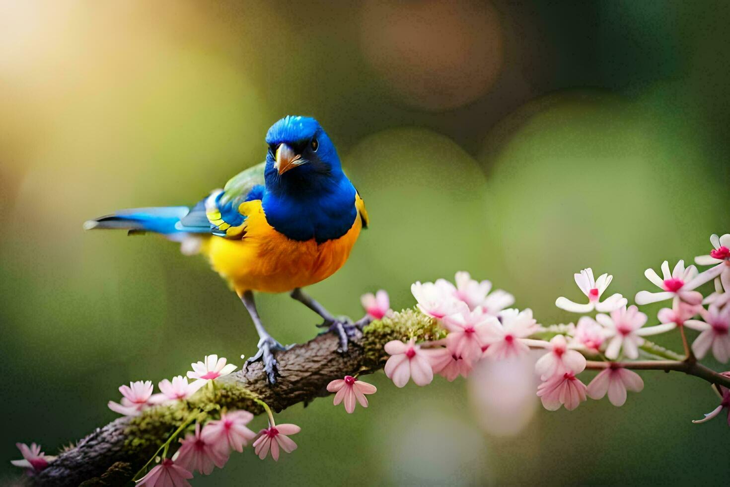 a colorful bird sits on a branch with pink flowers. AI-Generated photo