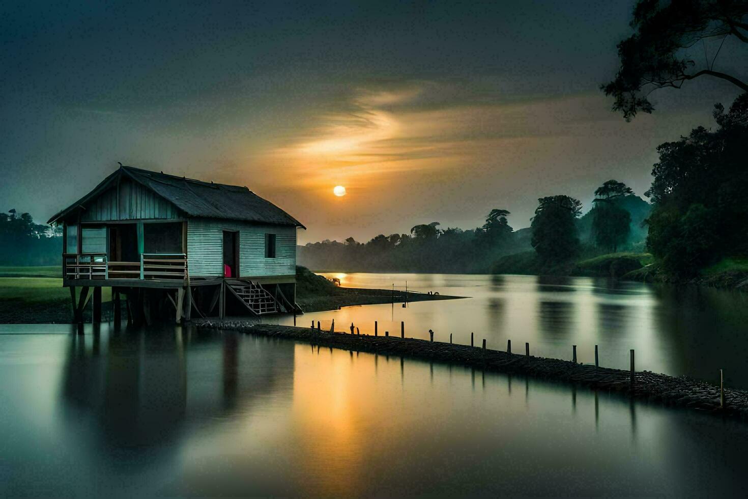 a small house sits on the edge of a lake at sunset. AI-Generated photo