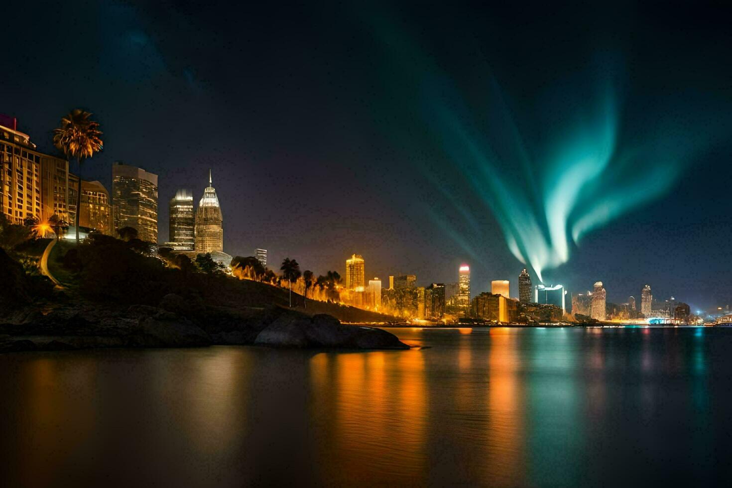 el Aurora luces son brillante terminado el ciudad horizonte. generado por ai foto