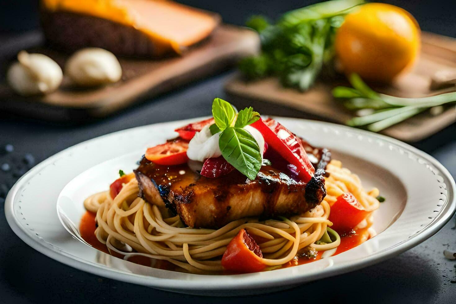 a plate of spaghetti with meat and tomatoes. AI-Generated photo
