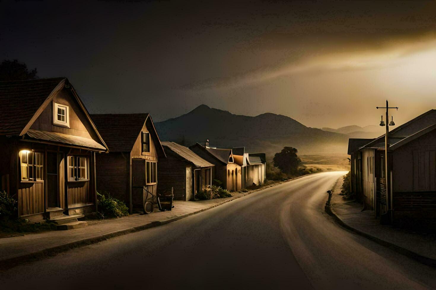 a long exposure photograph of a street in the middle of a town. AI-Generated photo
