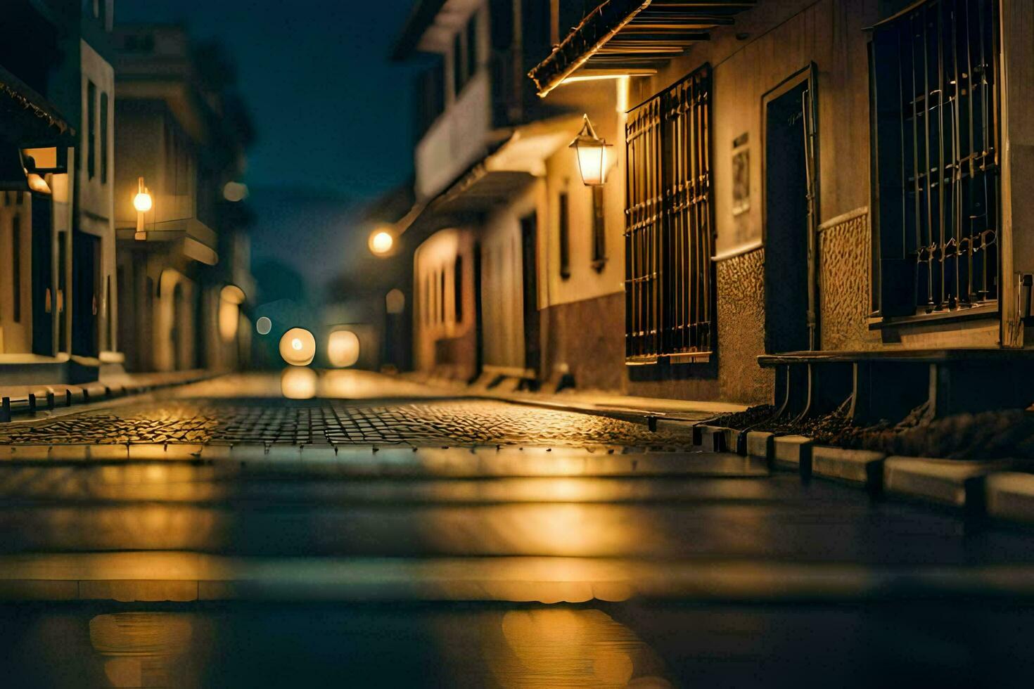 un calle a noche con luces en el edificios generado por ai foto