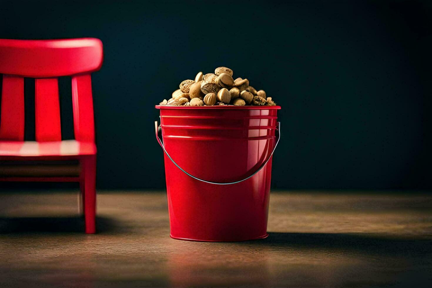 a red bucket filled with peanuts sits next to a wooden chair. AI-Generated photo
