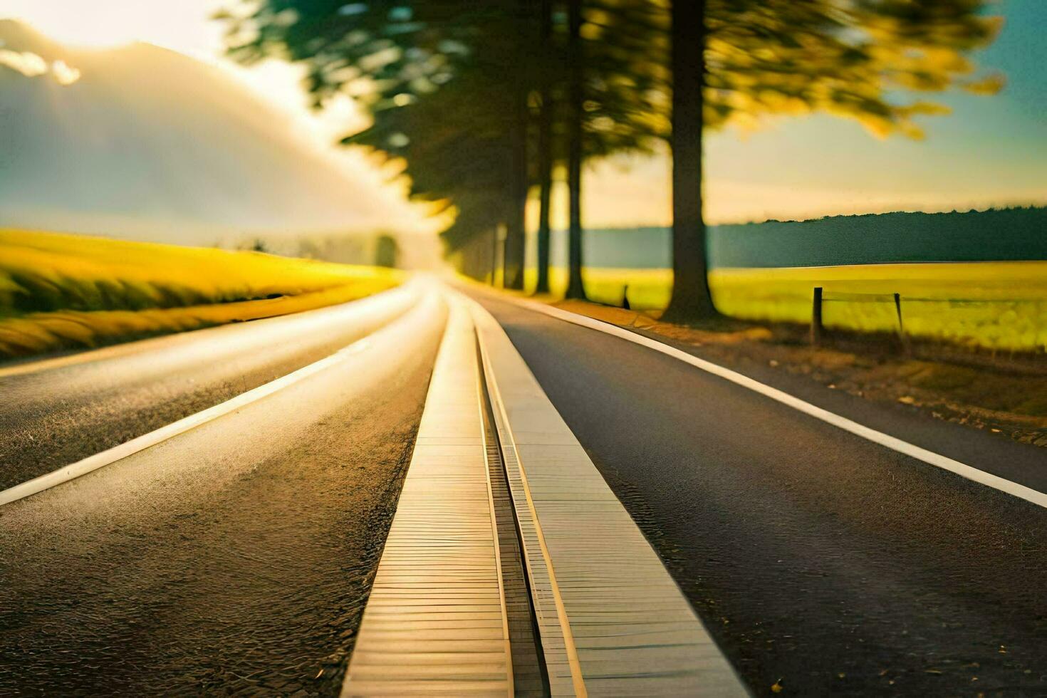 a long empty road with trees and grass. AI-Generated photo