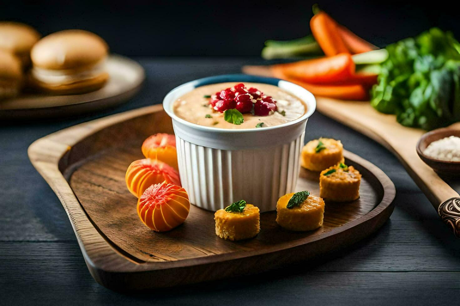 a bowl of dip with carrots and bread. AI-Generated photo