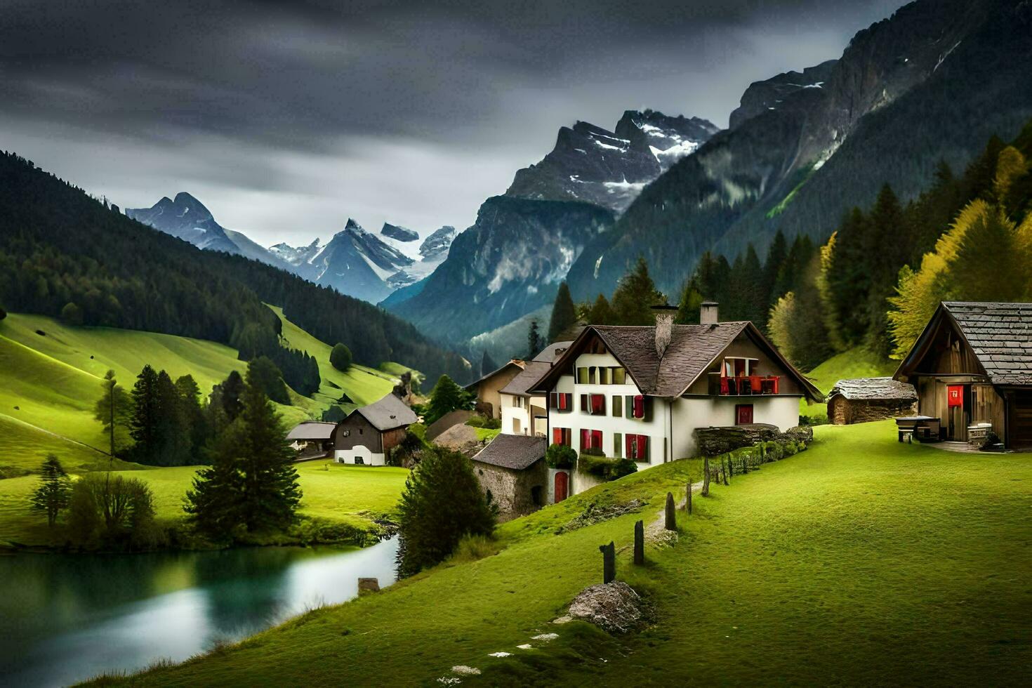 photo wallpaper mountains, the sky, water, the landscape, the house, the lake, the. AI-Generated