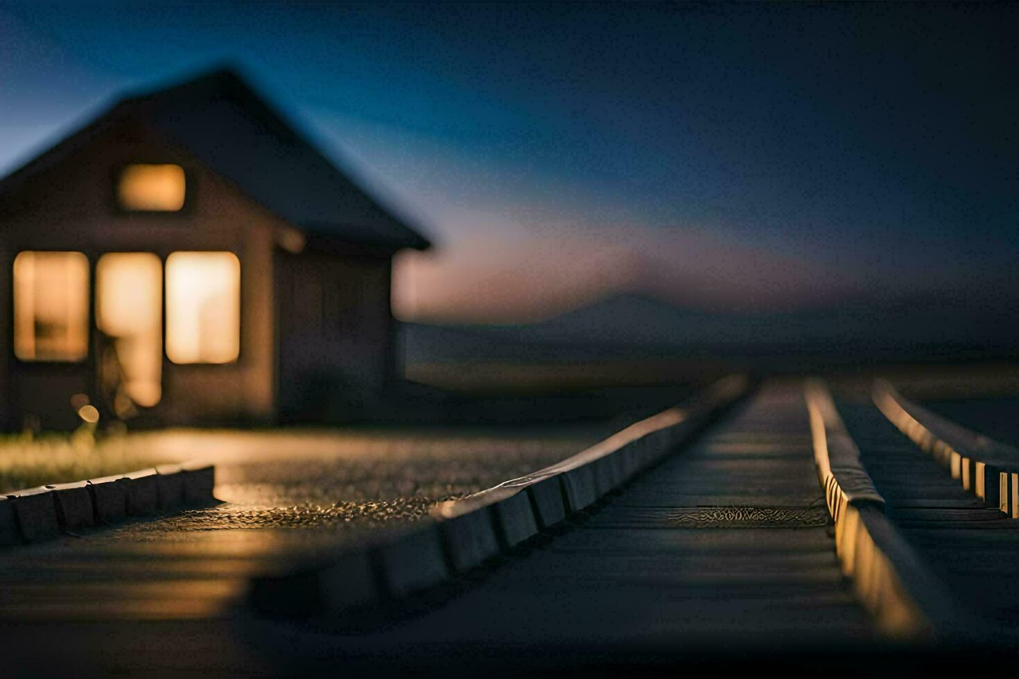 a miniature house with a train track in front of it. AI-Generated photo