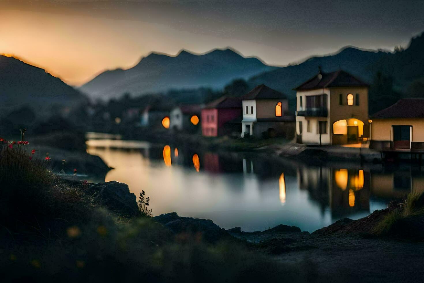 photo wallpaper the sky, mountains, river, houses, the sunset, the mountains, the river. AI-Generated