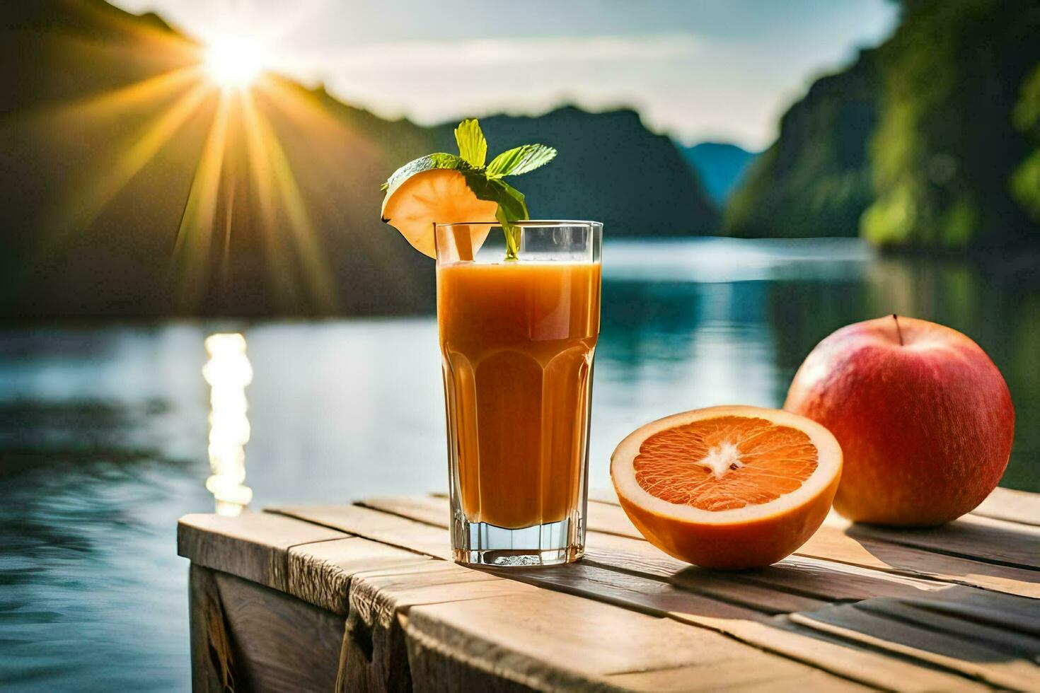 an orange juice and a slice of orange on a wooden table. AI-Generated photo