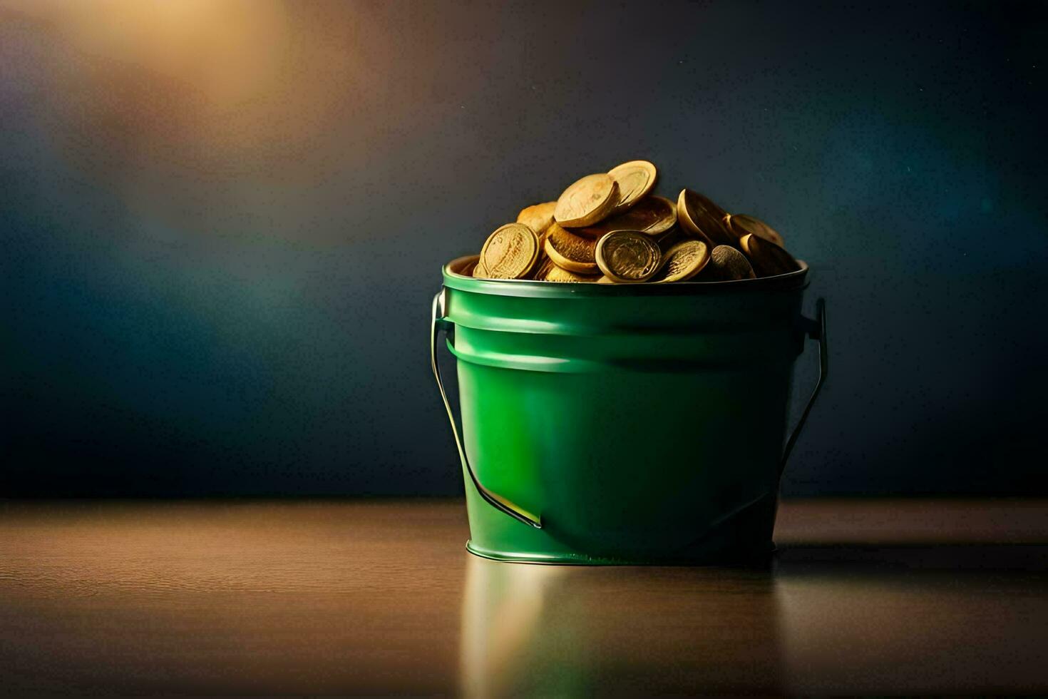 a bucket filled with gold coins on a table. AI-Generated photo