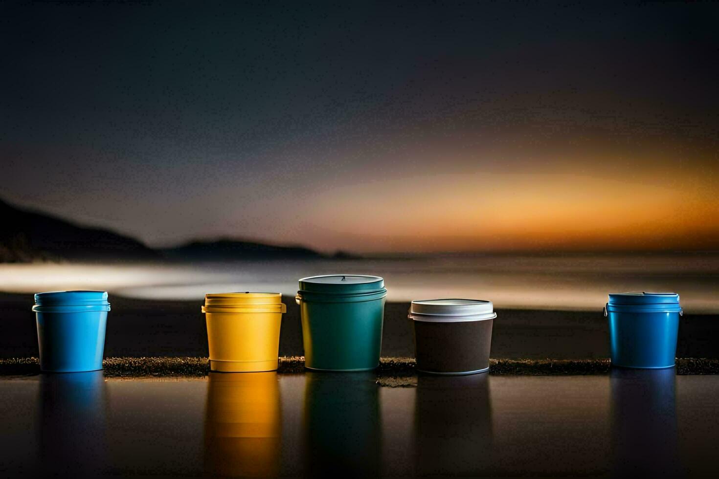 café tazas forrado arriba en un playa a puesta de sol. generado por ai foto