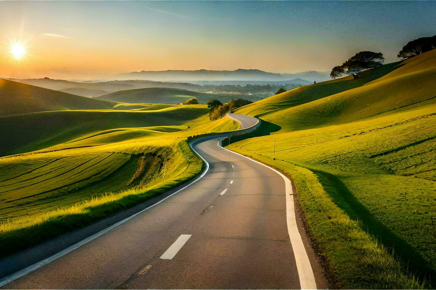 the road to the sunset. AI-Generated photo