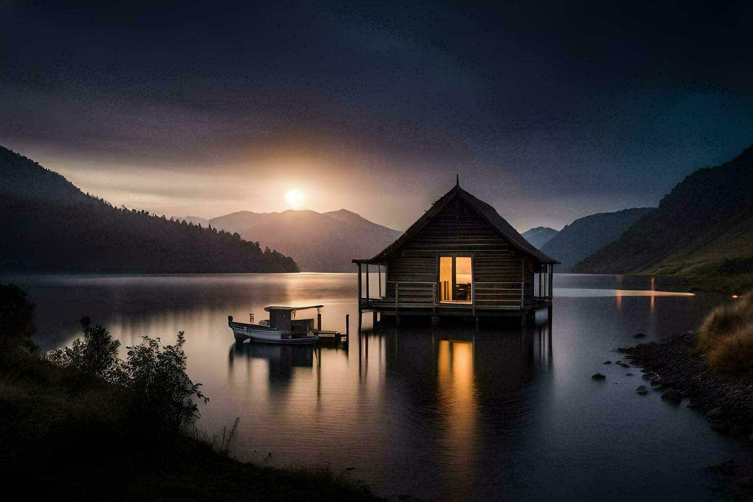 un pequeño cabina se sienta en el apuntalar de un lago a oscuridad. generado por ai foto