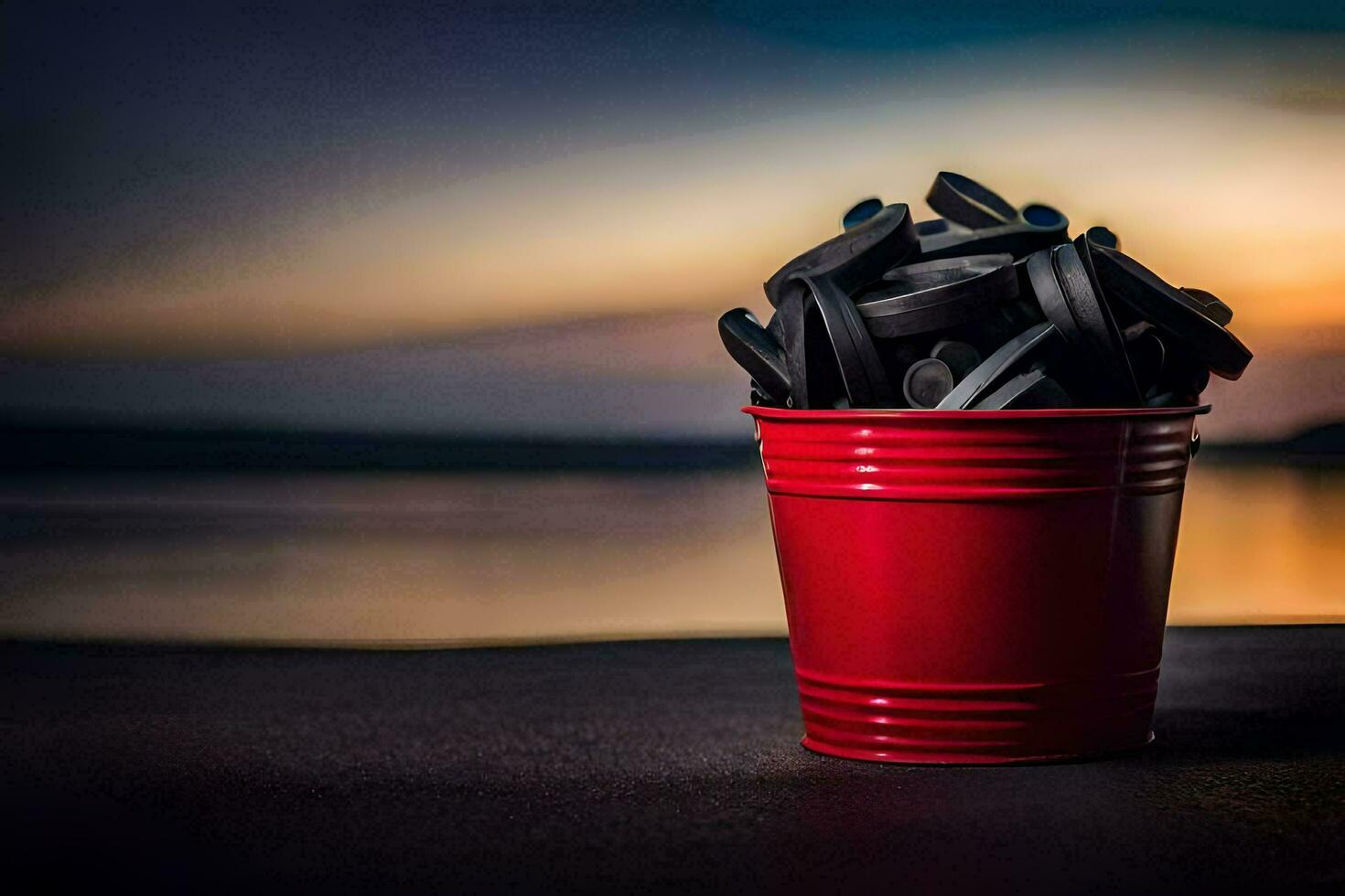 a red bucket filled with black rubber bands. AI-Generated photo