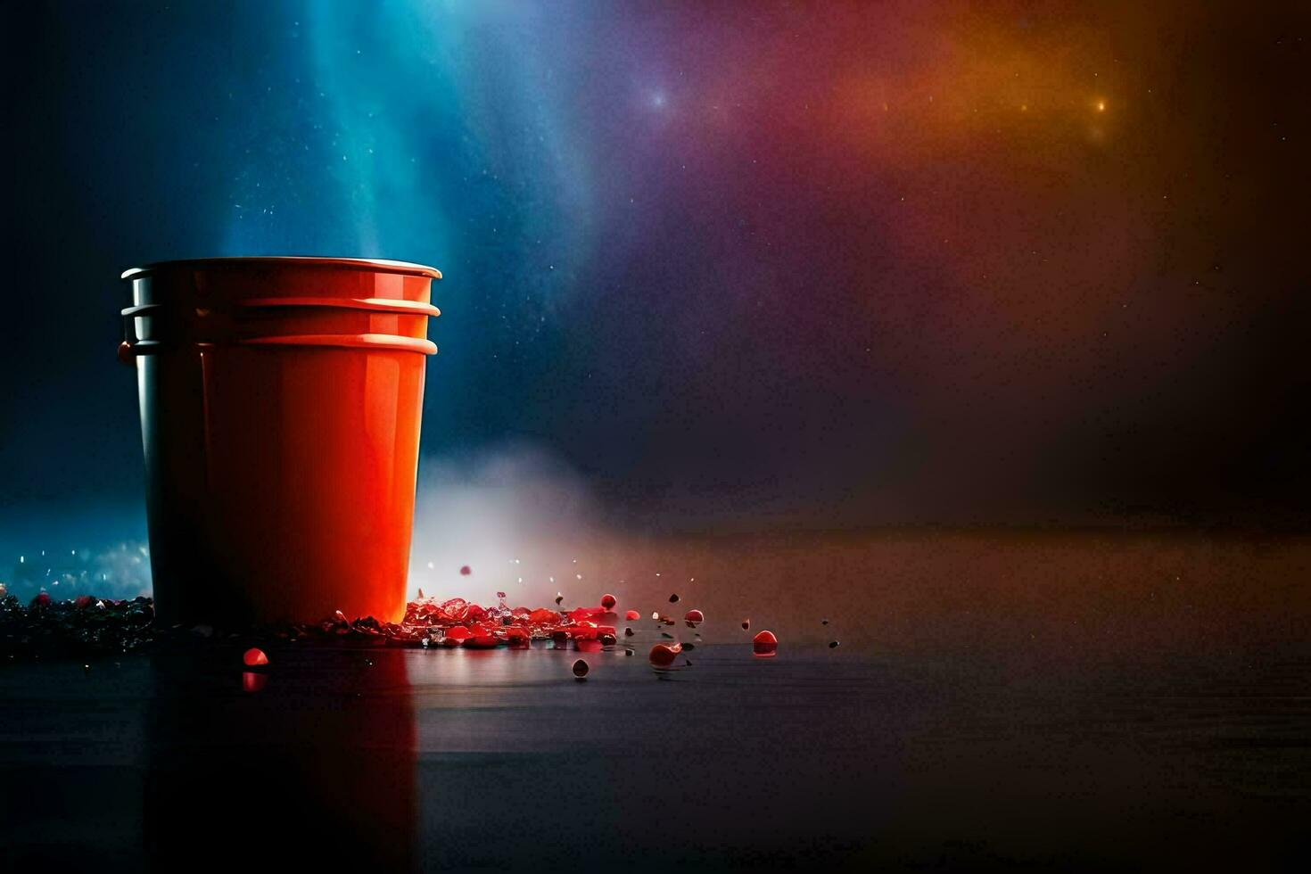 a red cup sitting on the ground with red paint. AI-Generated photo