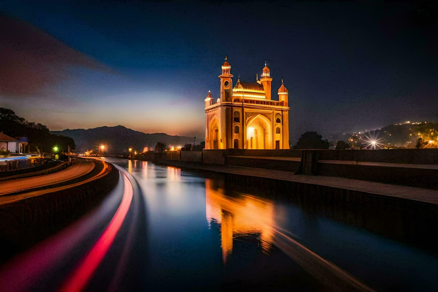 a mosque in the middle of a river at night. AI-Generated photo