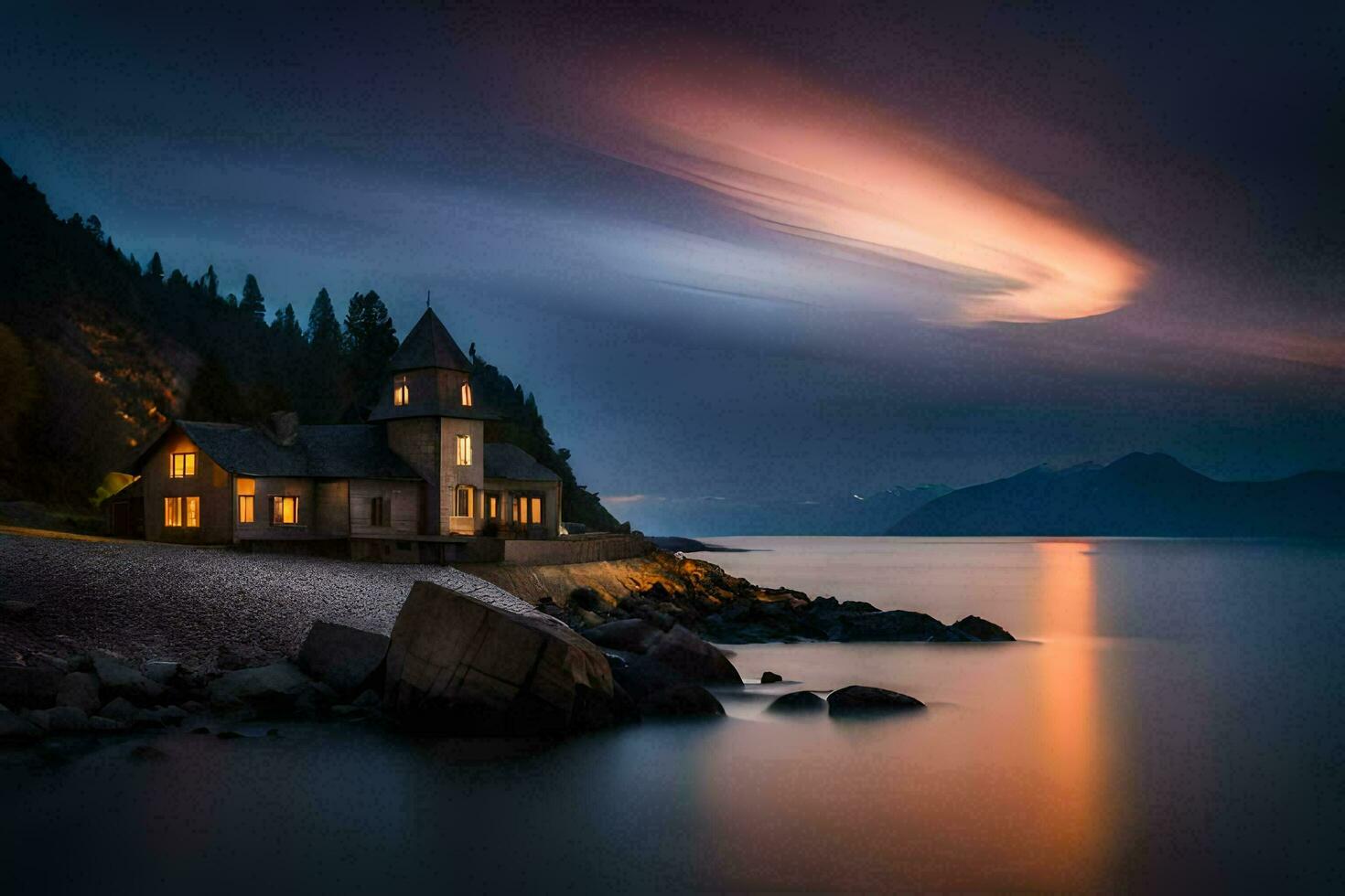 a church on the shore of a lake at night. AI-Generated photo