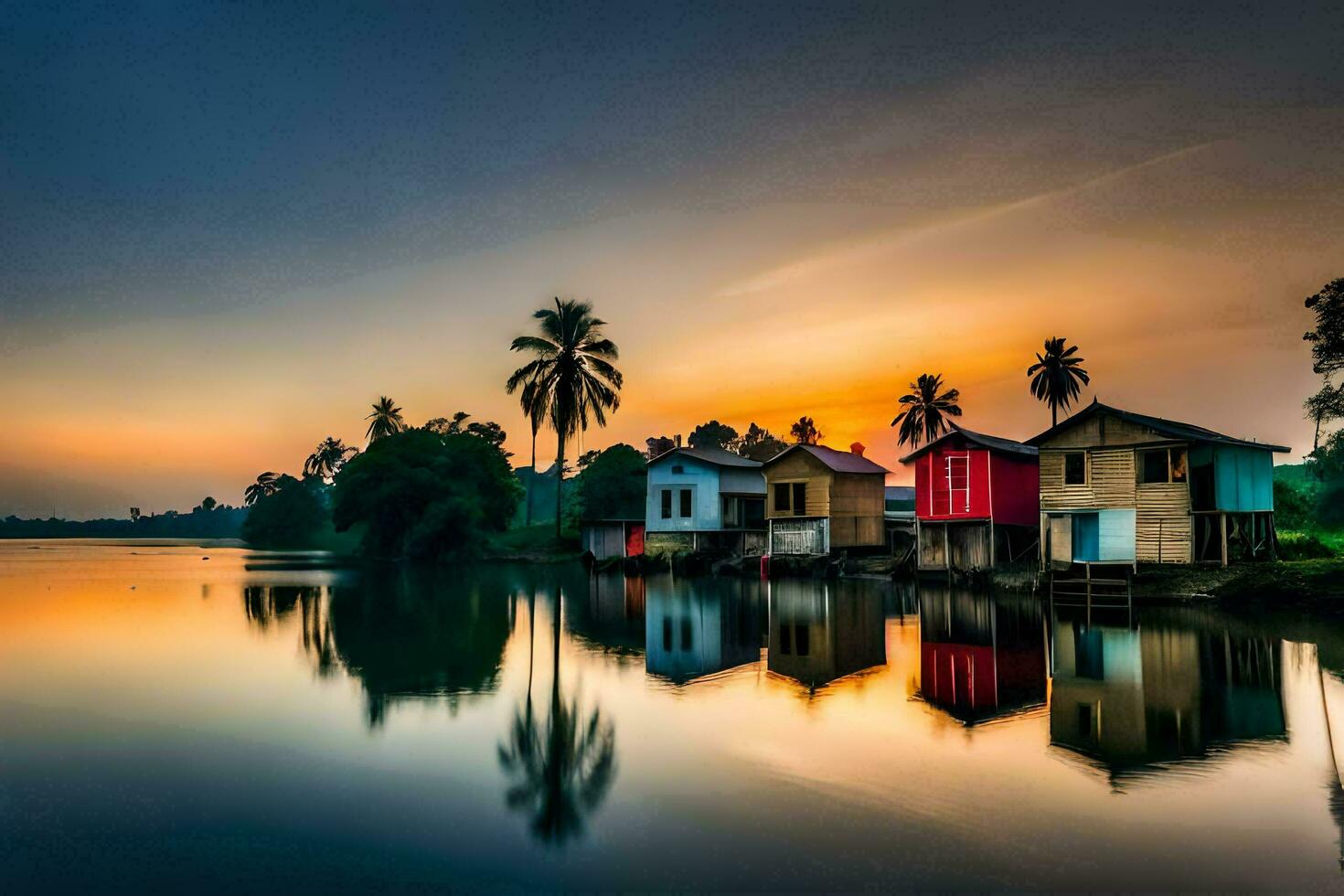 houses on the water at sunset. AI-Generated photo
