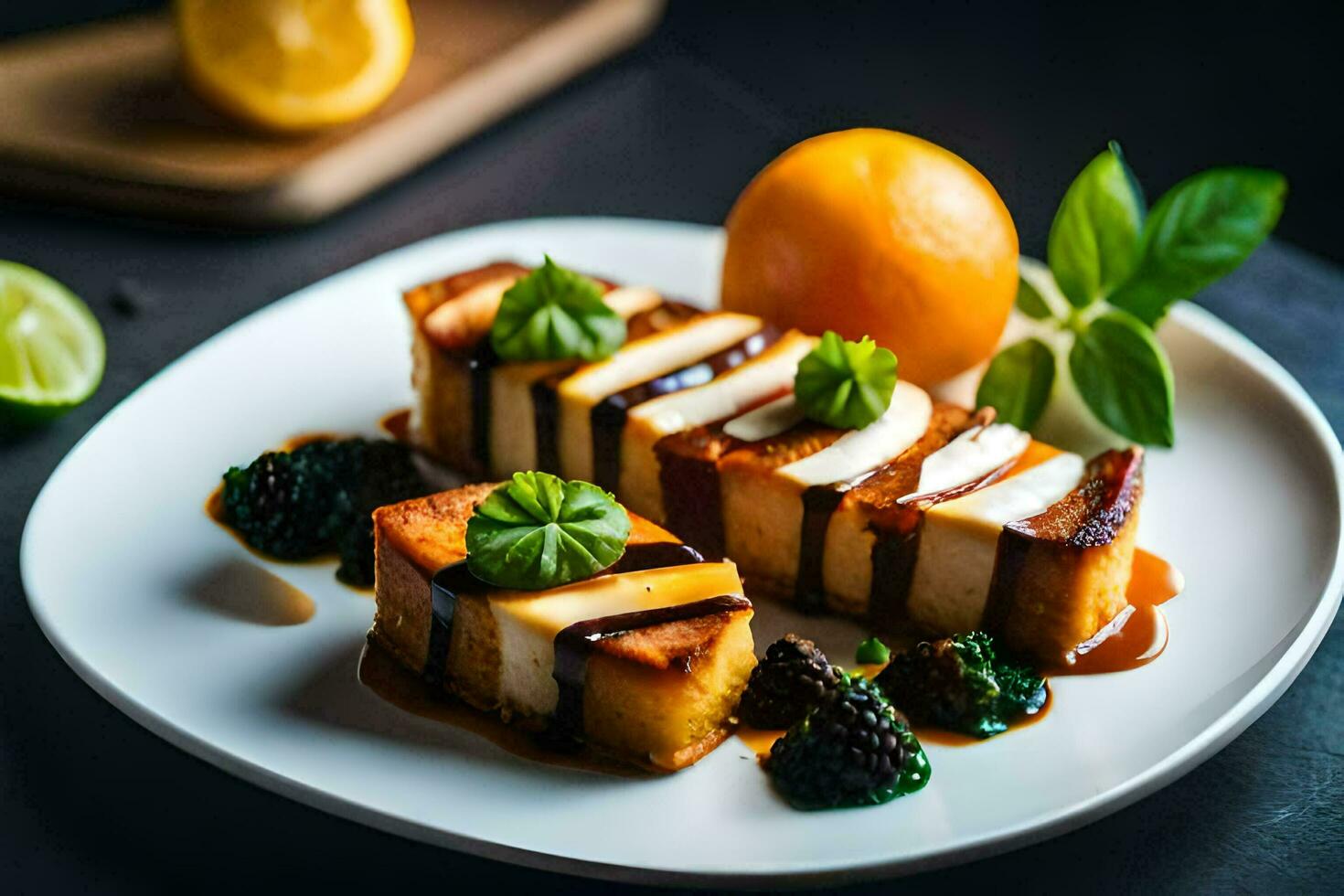 a plate with a slice of cheese and an orange. AI-Generated photo