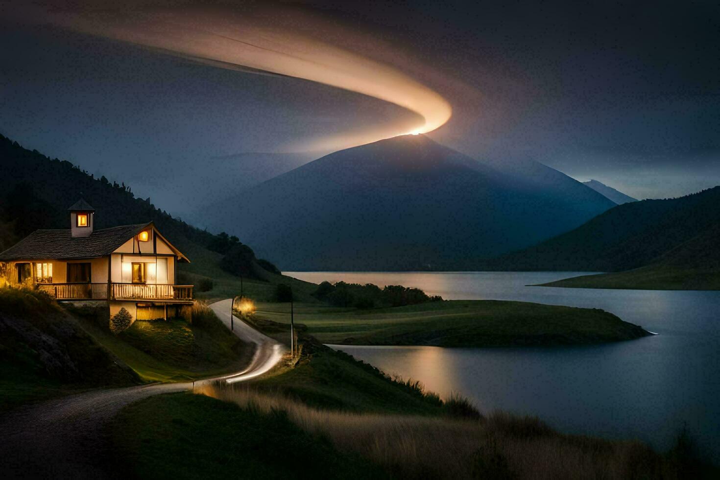 a house sits on the side of a mountain with a lake in the background. AI-Generated photo
