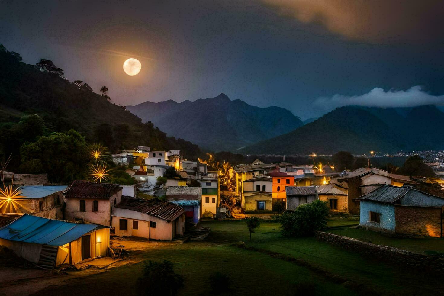 the moon rises over a village in the mountains. AI-Generated photo