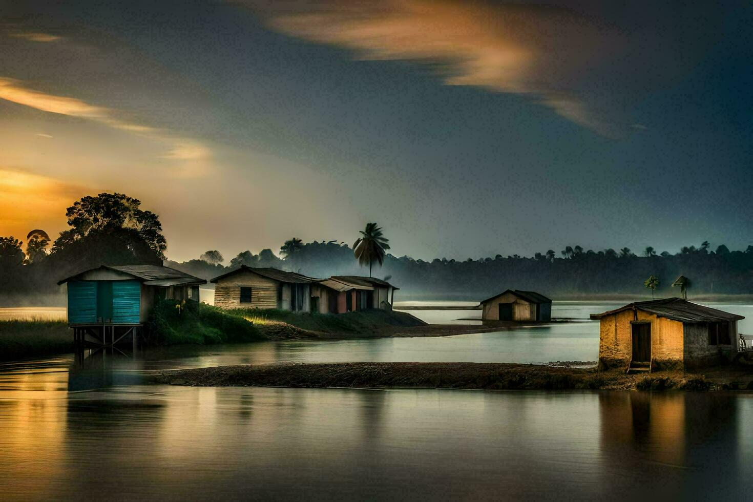 the sun sets over a river and some small huts. AI-Generated photo