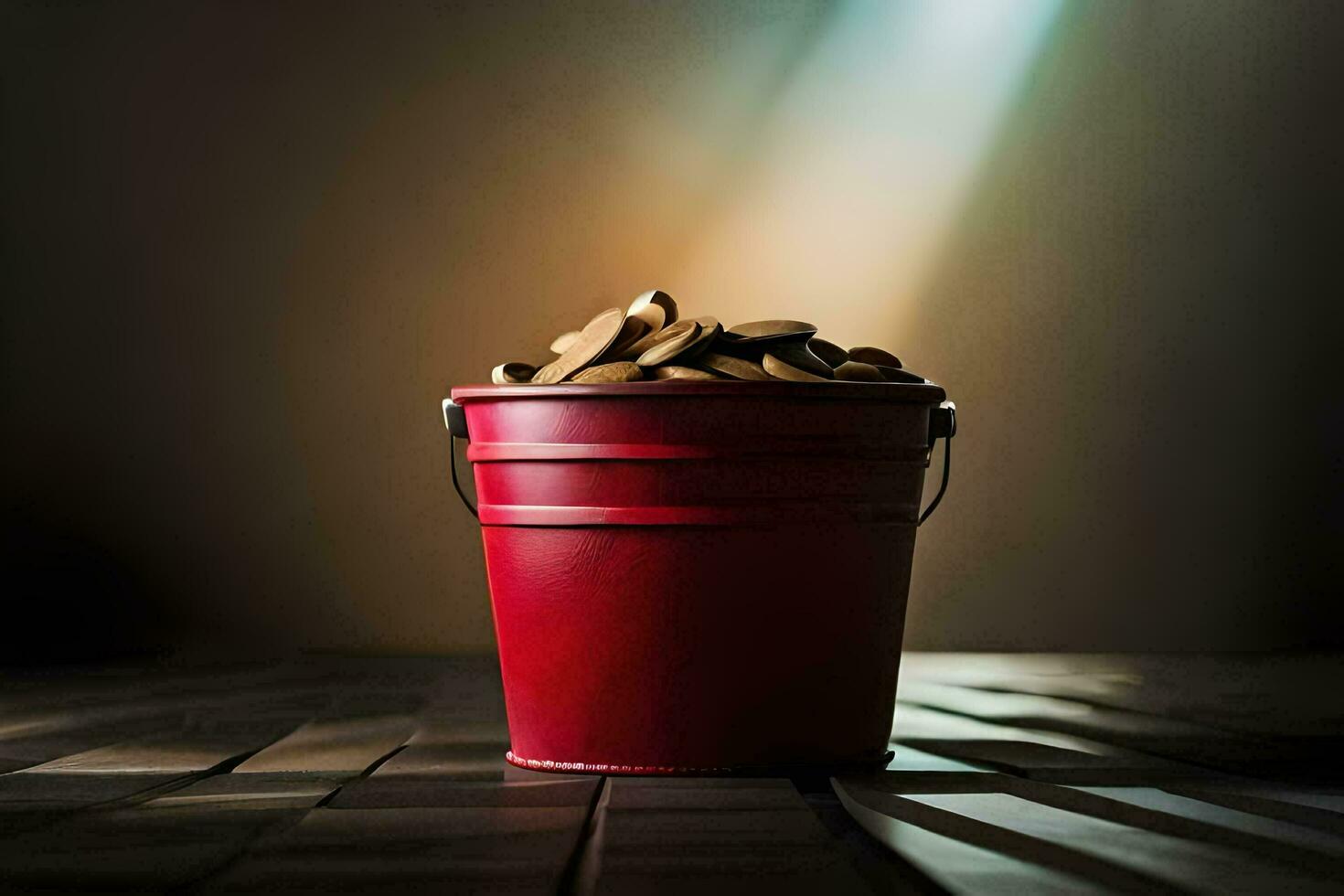 a red bucket filled with coins on a wooden table. AI-Generated photo