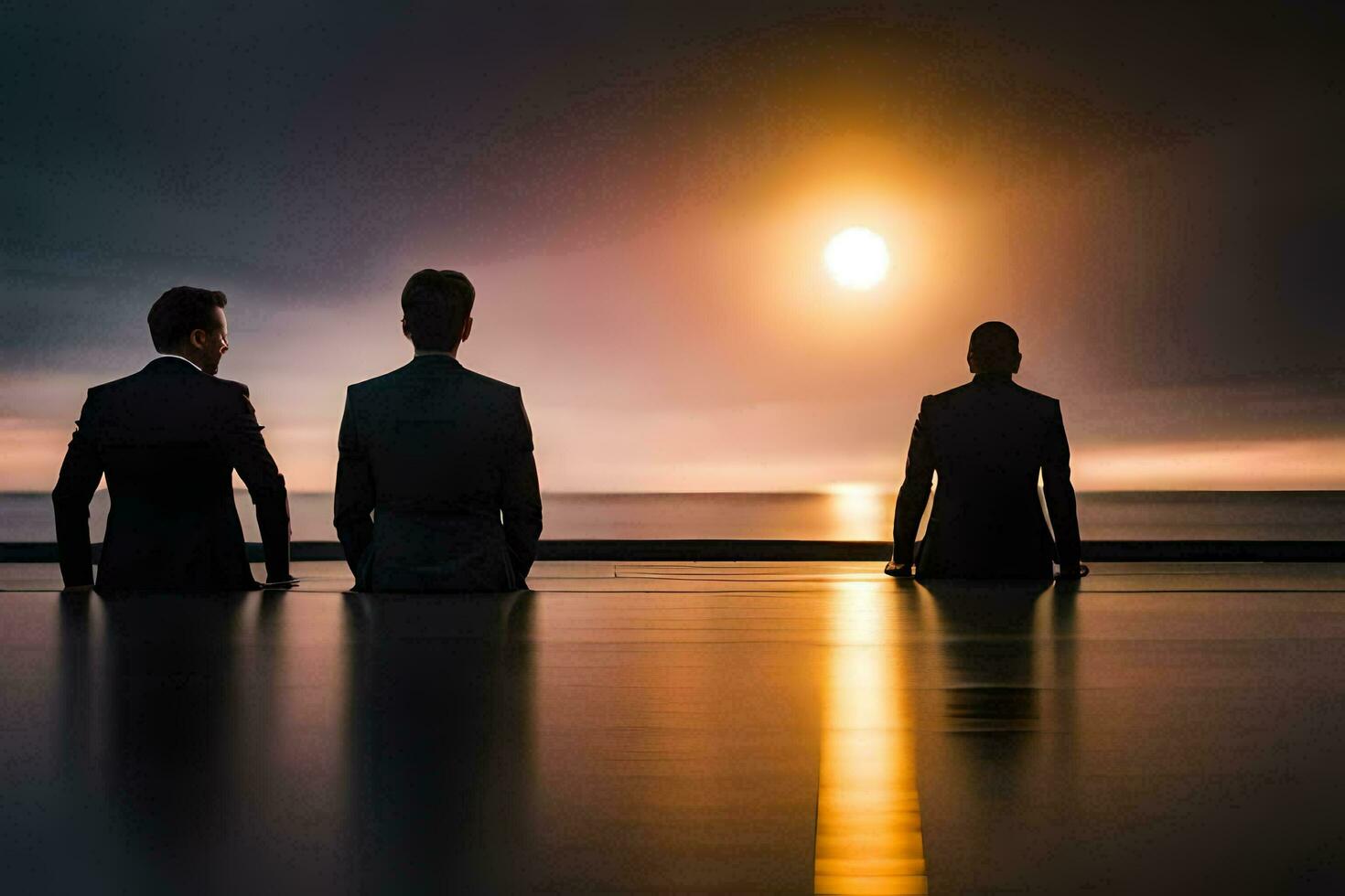 three men in suits sitting on a dock looking at the sun. AI-Generated photo