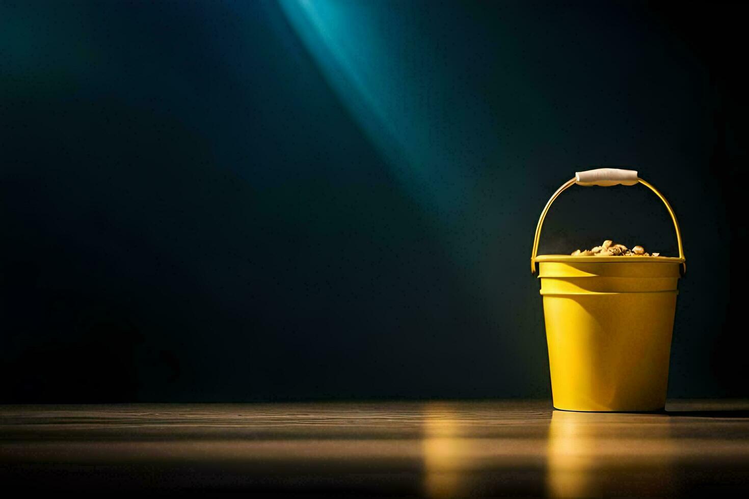 a yellow bucket with popcorn on a dark floor. AI-Generated photo