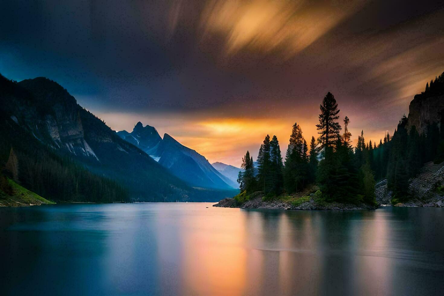 a beautiful sunset over a lake in the mountains. AI-Generated photo