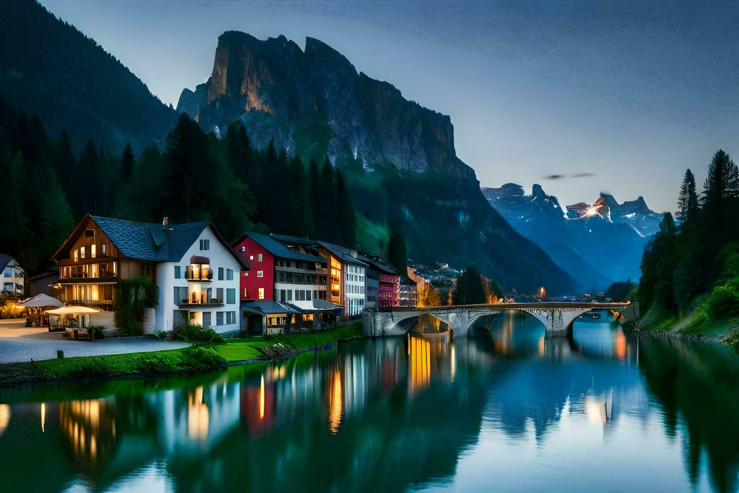 photo wallpaper the sky, mountains, river, house, lake, mountains, house, lake,. AI-Generated