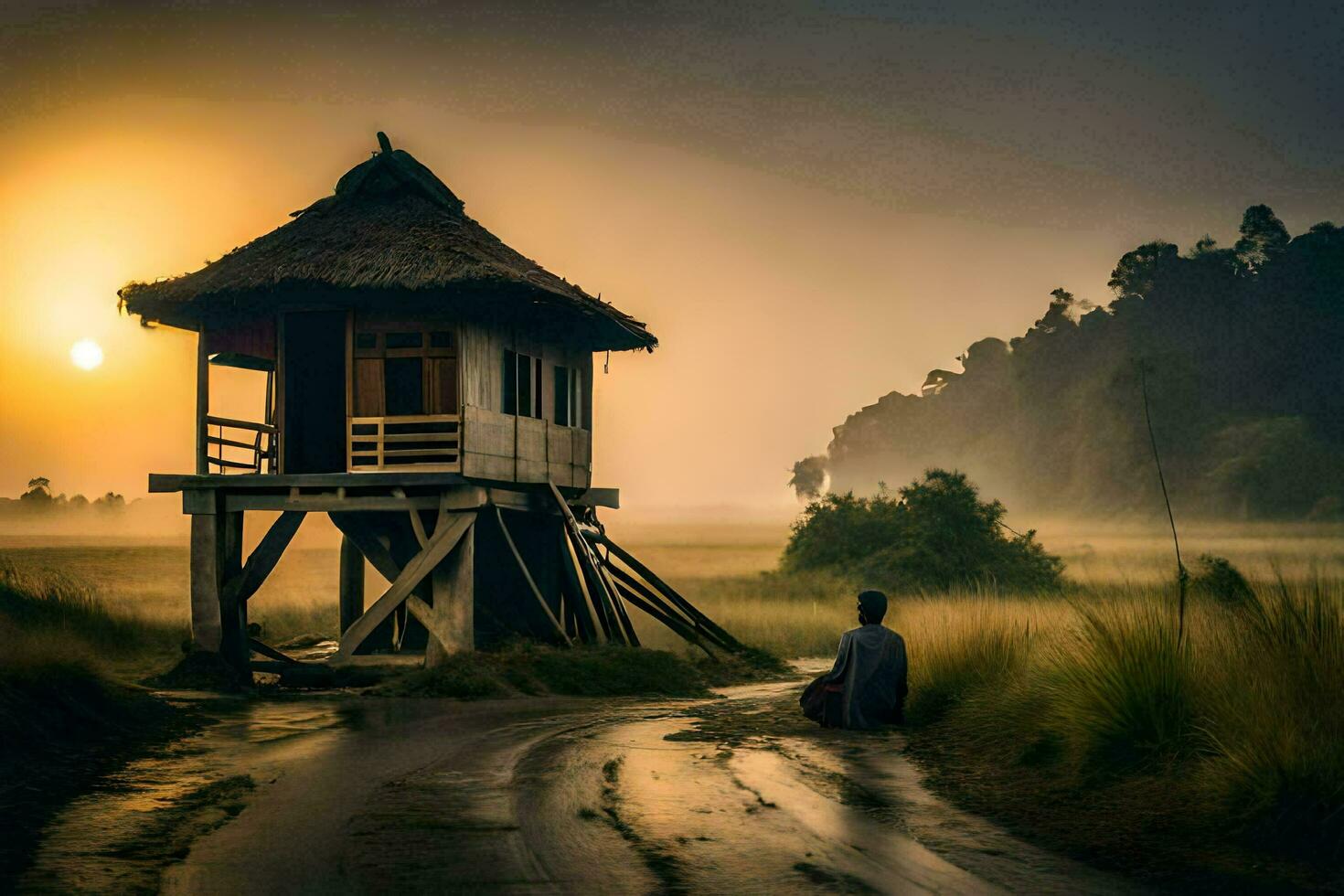 a man sits on the ground near a hut in the middle of a field. AI-Generated photo