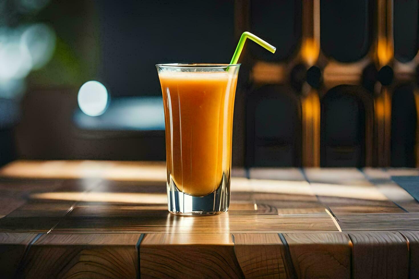 a glass of orange juice on a wooden table. AI-Generated photo
