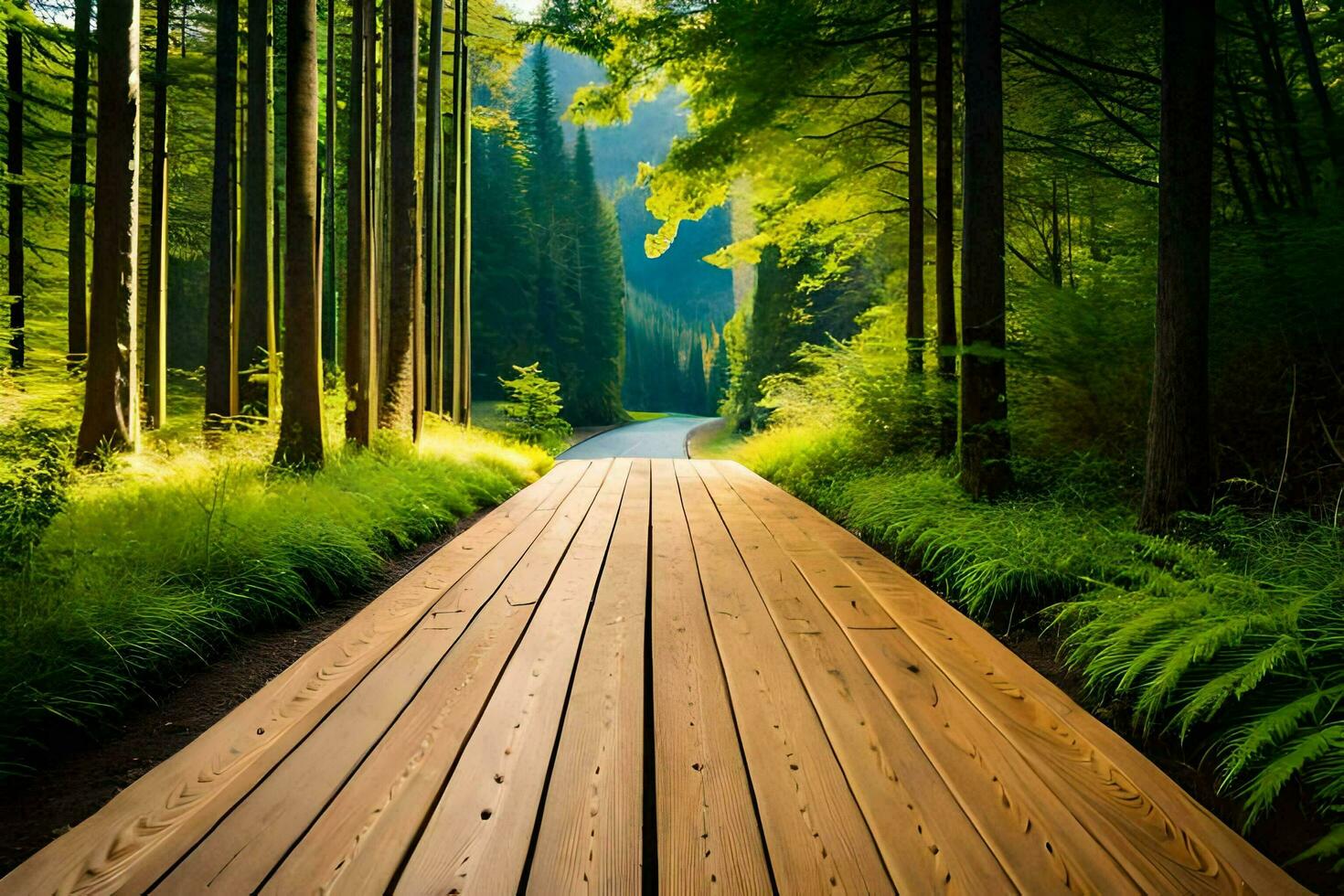 un de madera camino en el bosque con arboles y verde césped. generado por ai foto