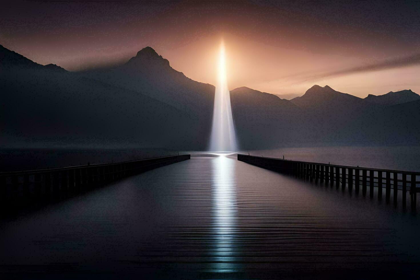 a long pier with a light shining into the sky. AI-Generated photo