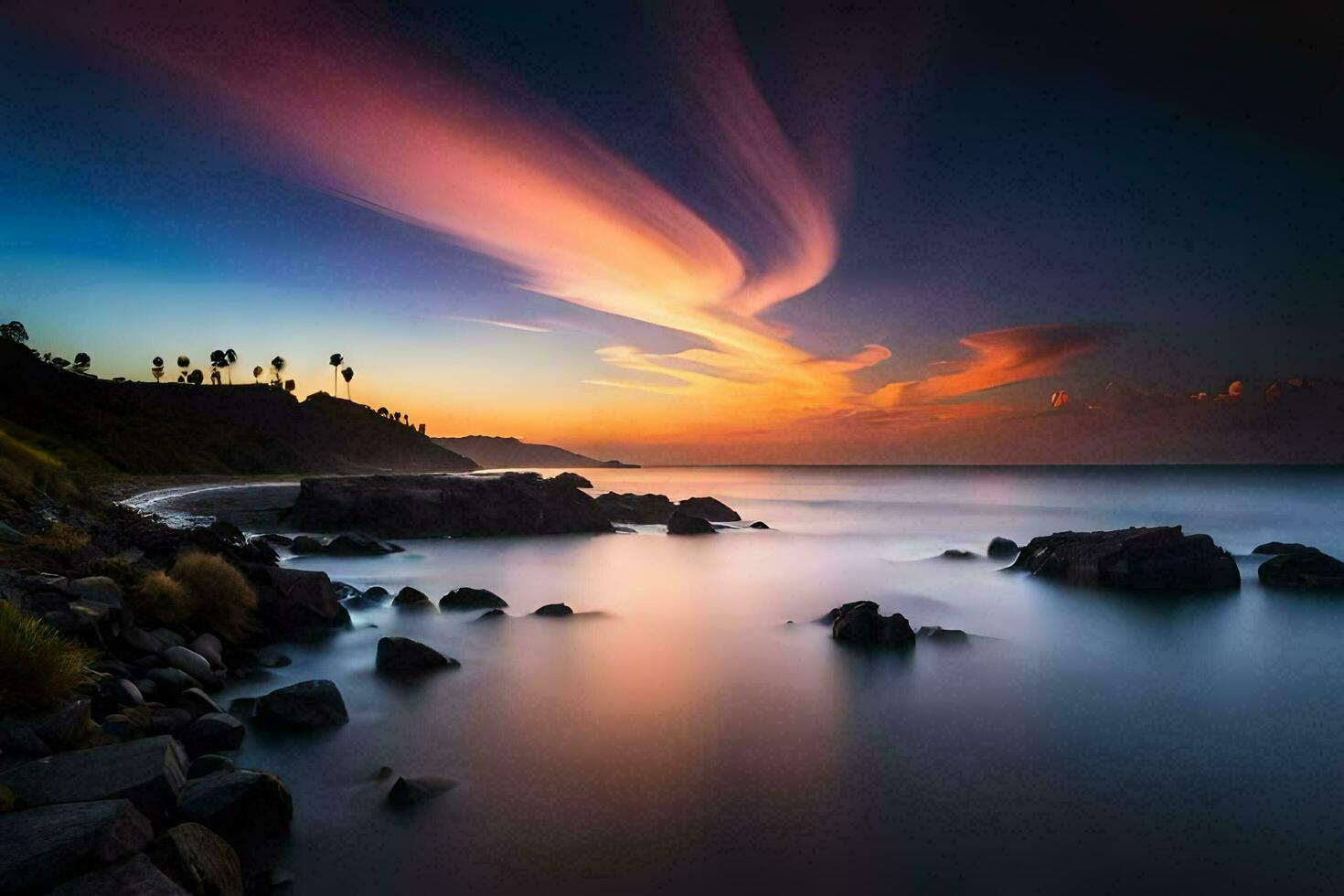 un vistoso puesta de sol terminado el Oceano con rocas y palma arboles generado por ai foto