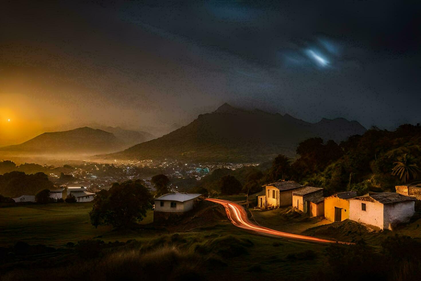 un pueblo a puesta de sol con un montaña en el antecedentes. generado por ai foto