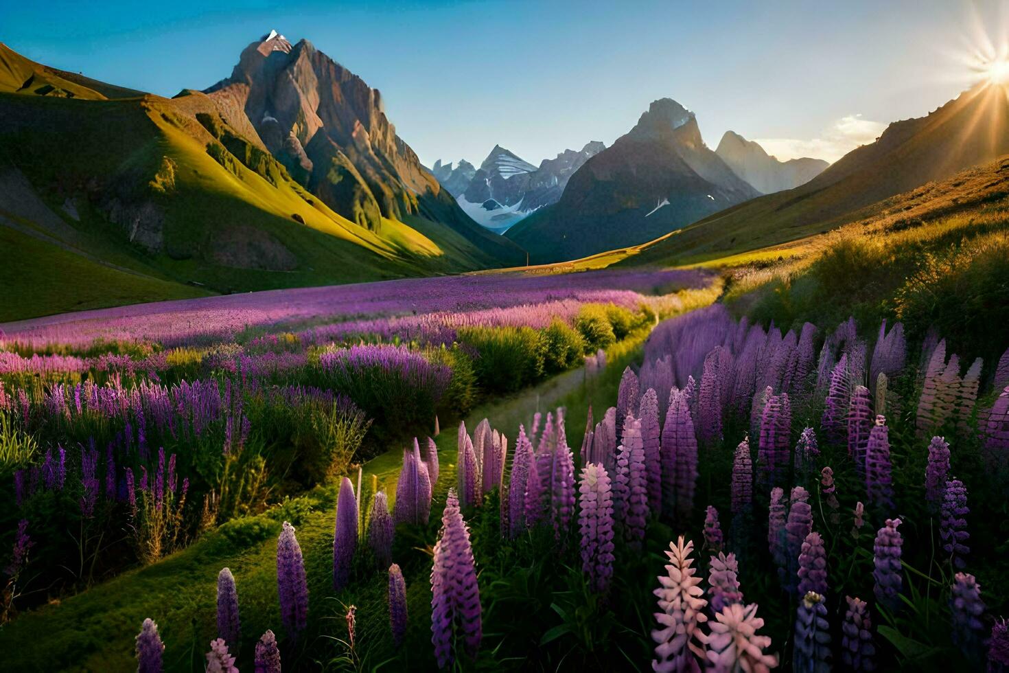 the lupine flowers are in full bloom in the mountains. AI-Generated photo