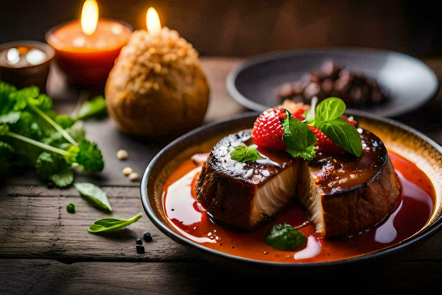 a plate with a steak and strawberries on it. AI-Generated photo