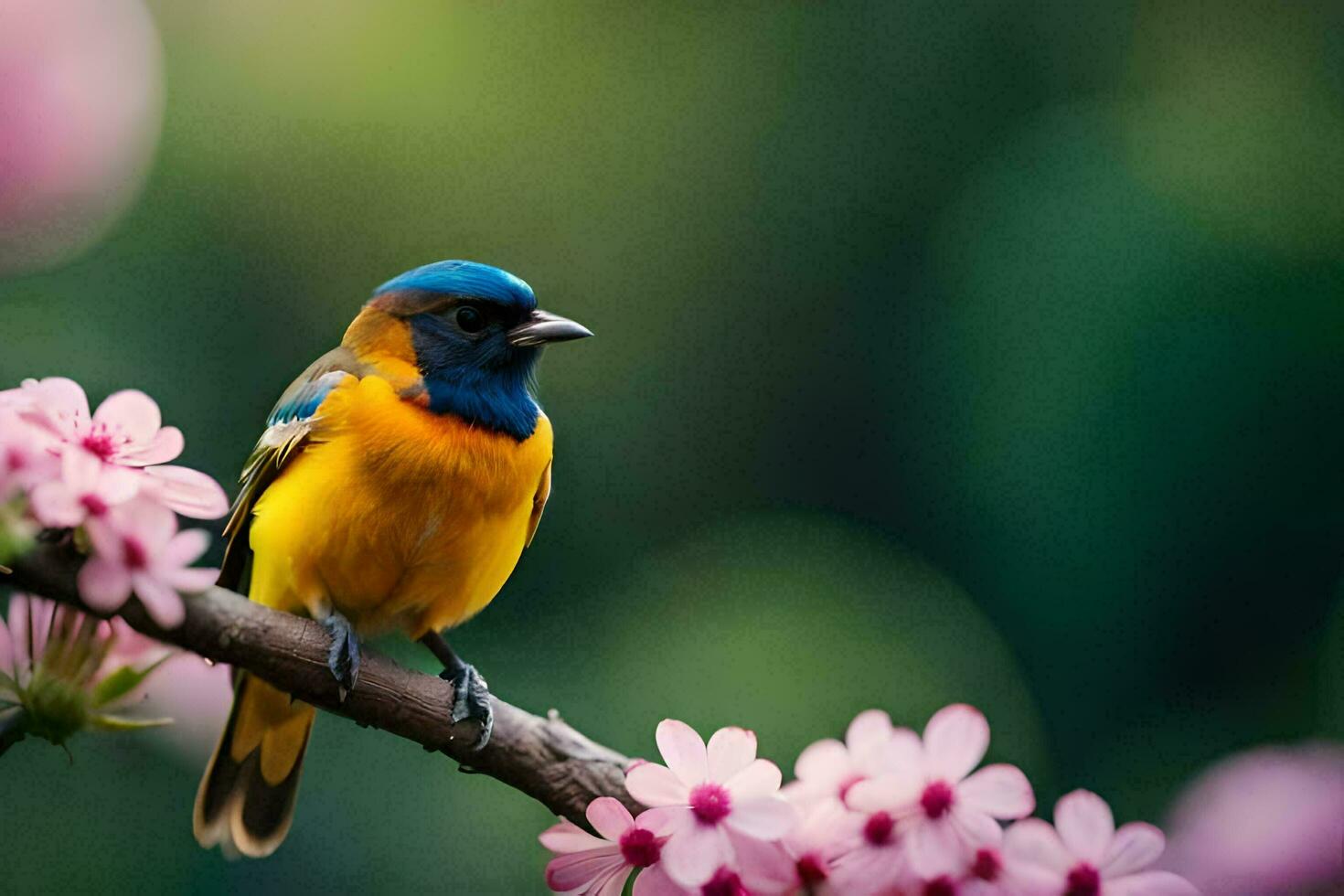 un vistoso pájaro se sienta en un rama con rosado flores generado por ai foto