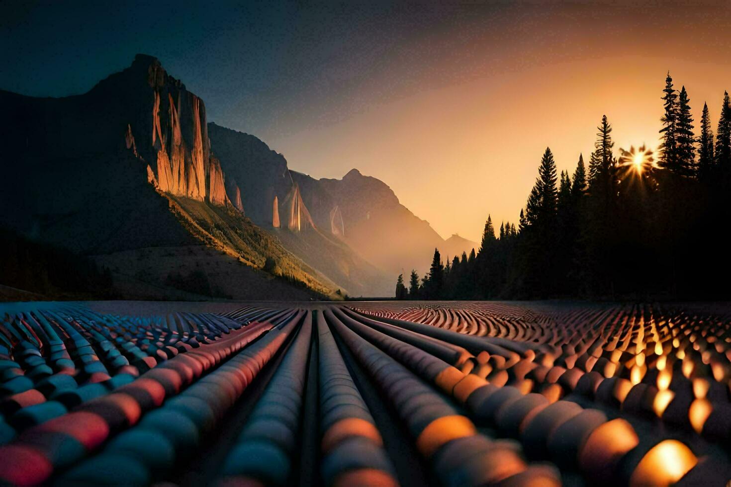 foto fondo de pantalla el cielo, montañas, árboles, el sol, el montañas, el sol, el. generado por ai